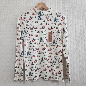 White Stag Long Sleeve Winter Cabin Print Mock Neck Top NWT Size Medium